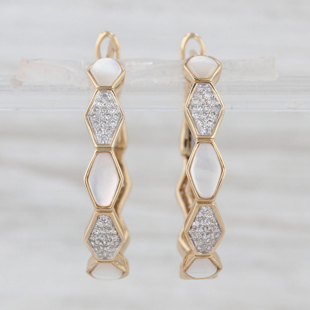 Mother of Pearl 0.28ctw Diamond Hoop Earrings 14k Yellow Gold Hoops Omega Posts