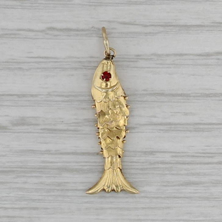 Articulating Fish Pendant 14k Yellow Gold Charm Red Glass Eye