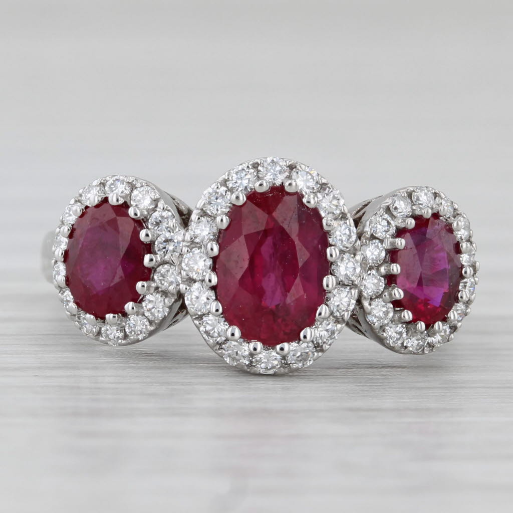 Gray 2.22ctw Ruby 3-Stone Diamond Halo Ring 14k White Gold Size 5.75