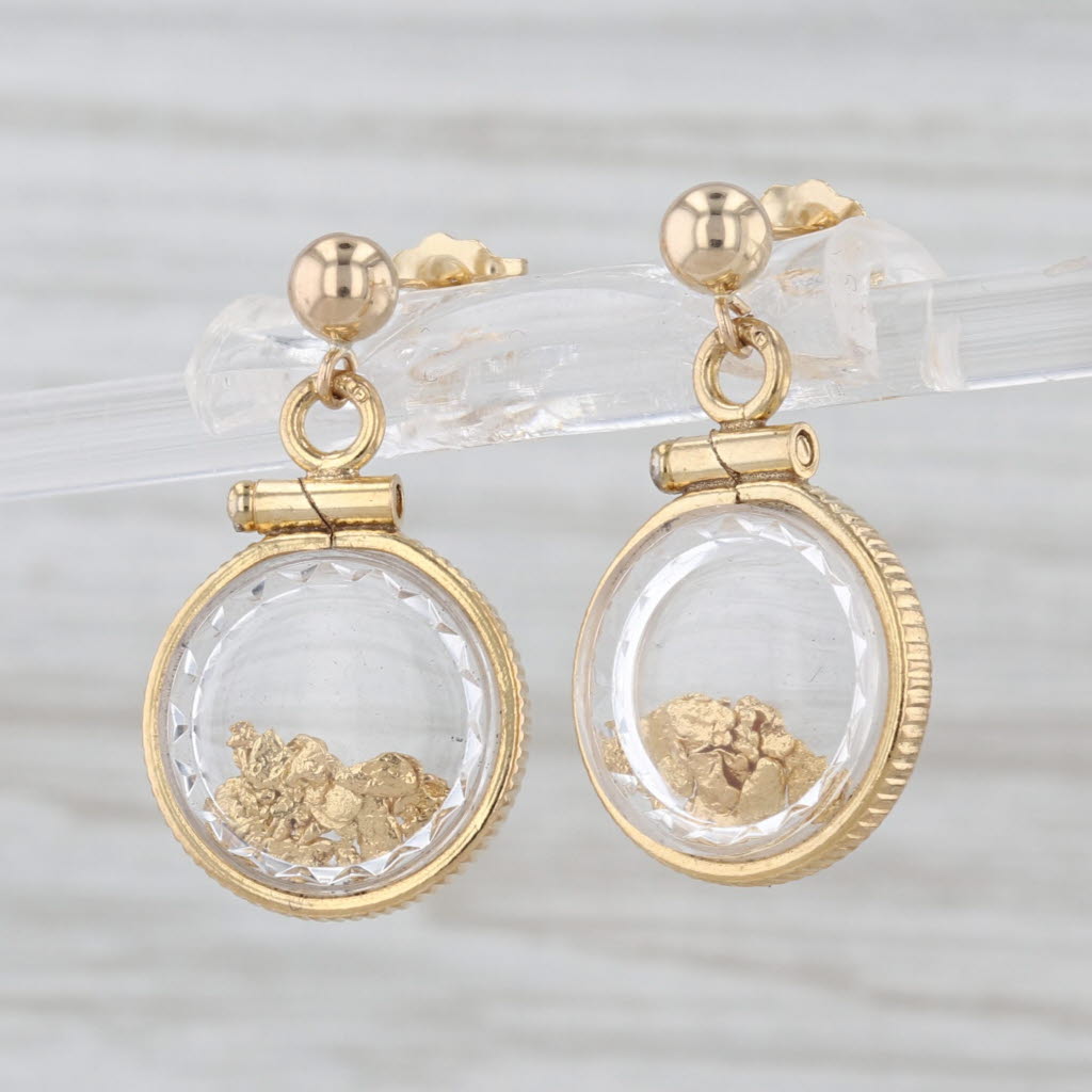 Gold Nuggets in Glass Dangle Earrings 14k 20k Yellow Gold Pierced Drops