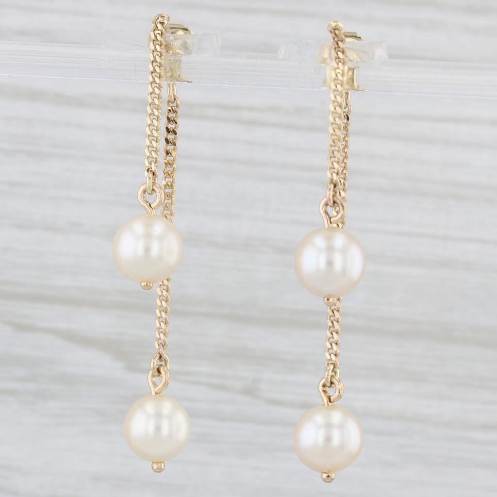 Light Gray Cultured Pearl Chain Dangle Earrings 18k Yellow Gold Round Beads