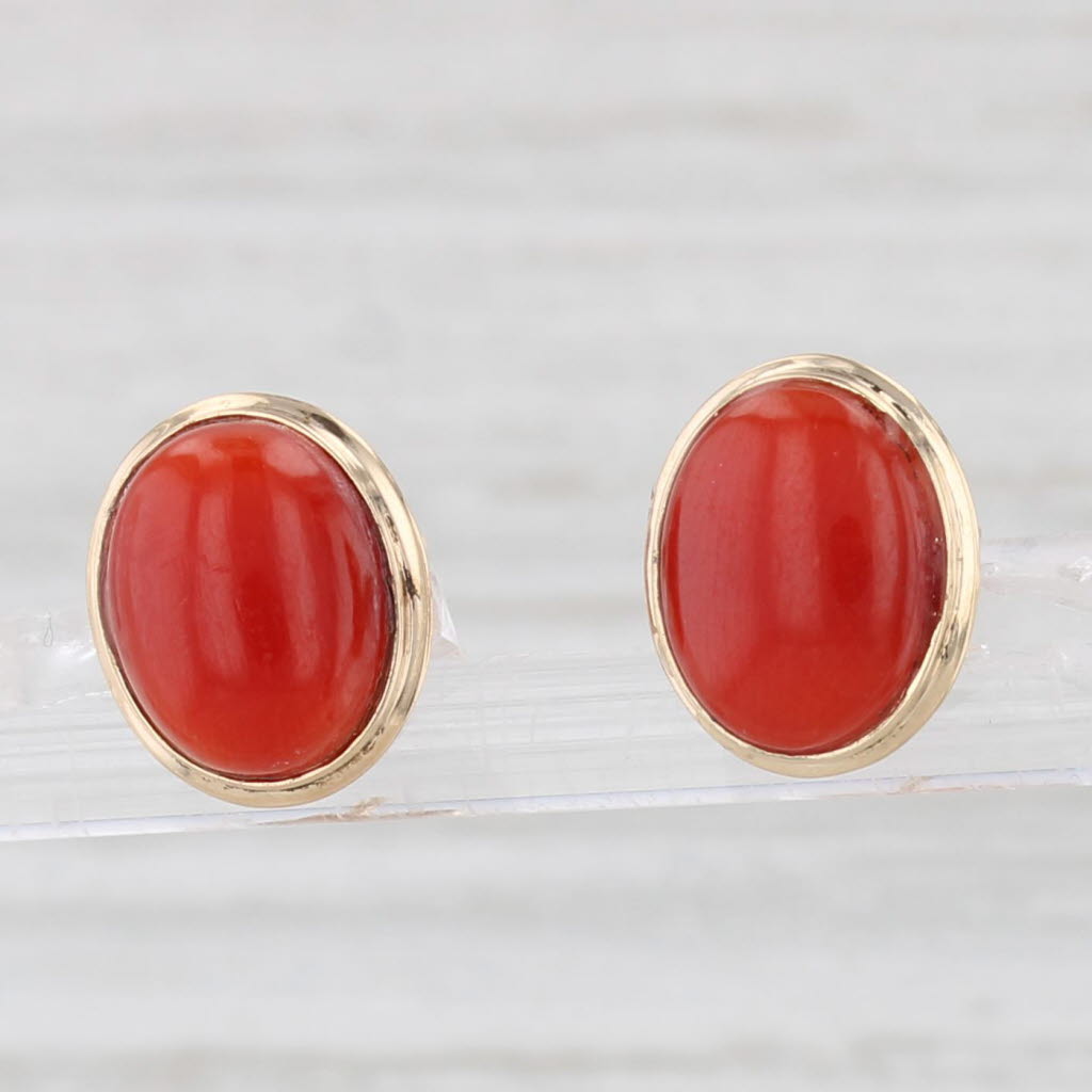 Light Gray Red Coral Stud Earrings 14k Yellow Gold Oval Cabochon Solitaires