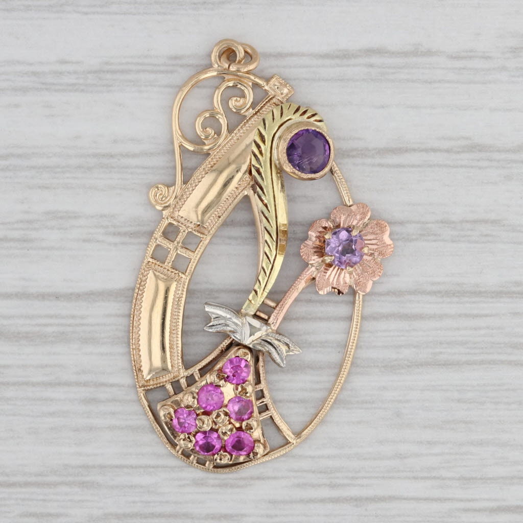 Gray Vintage Gemstone Flower Pendant 10k Gold 0.59ctw Amethyst Lab Created Sapphire