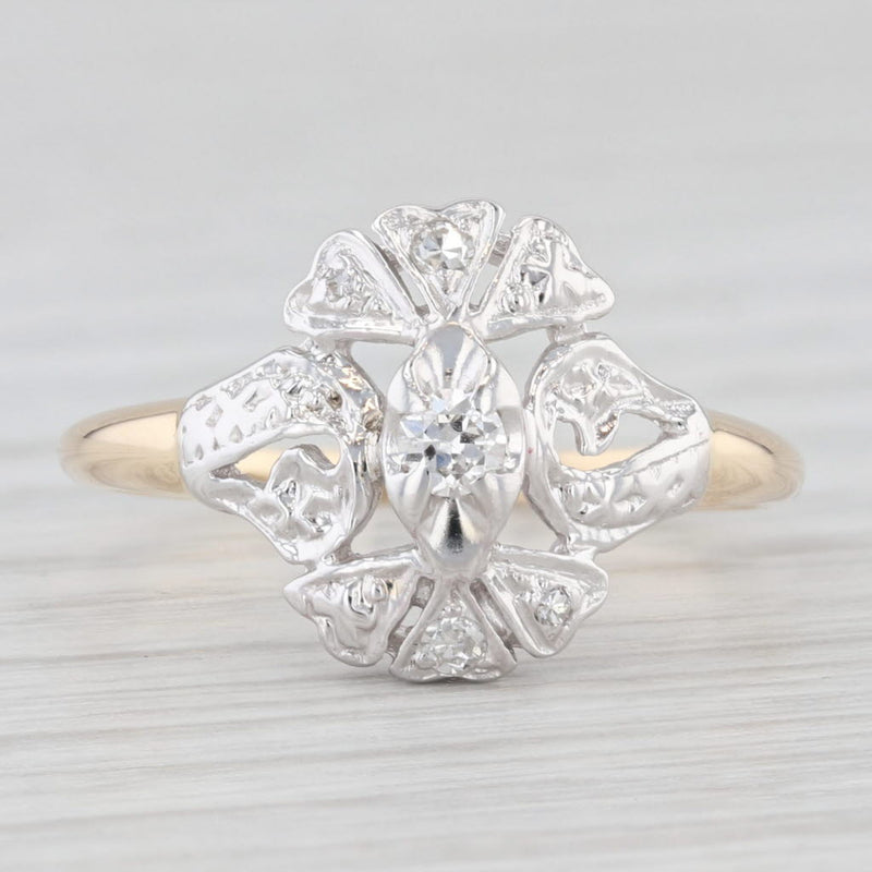 Light Gray Vintage Diamond Accented Openwork Ring 14k White Yellow Gold Size 6