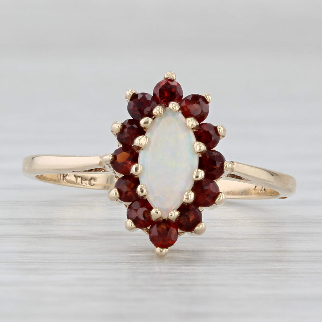 Light Gray Opal Navette Cabochon Garnet Halo Ring 10k Yellow Gold Size 7.5