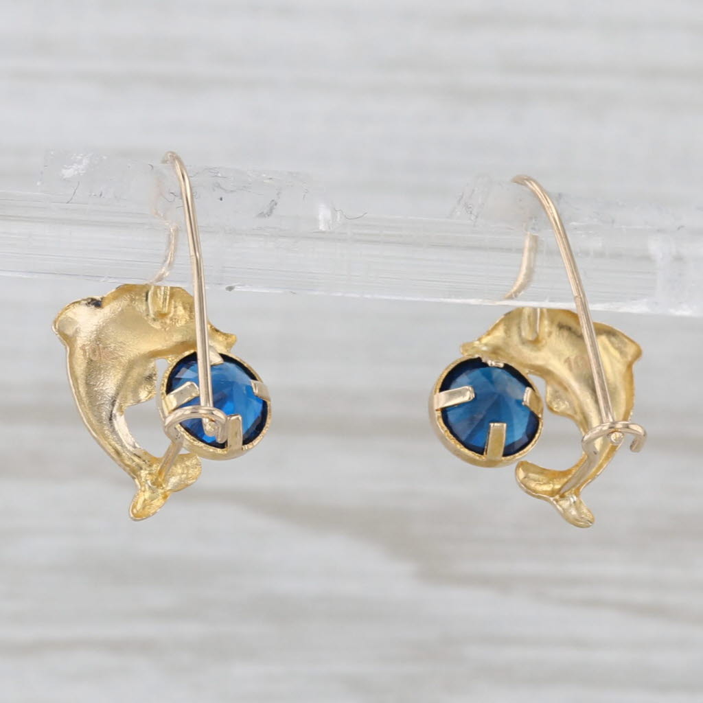 Gray Blue Glass Dolphin Drop Earrings 10k Yellow Gold Hook Posts