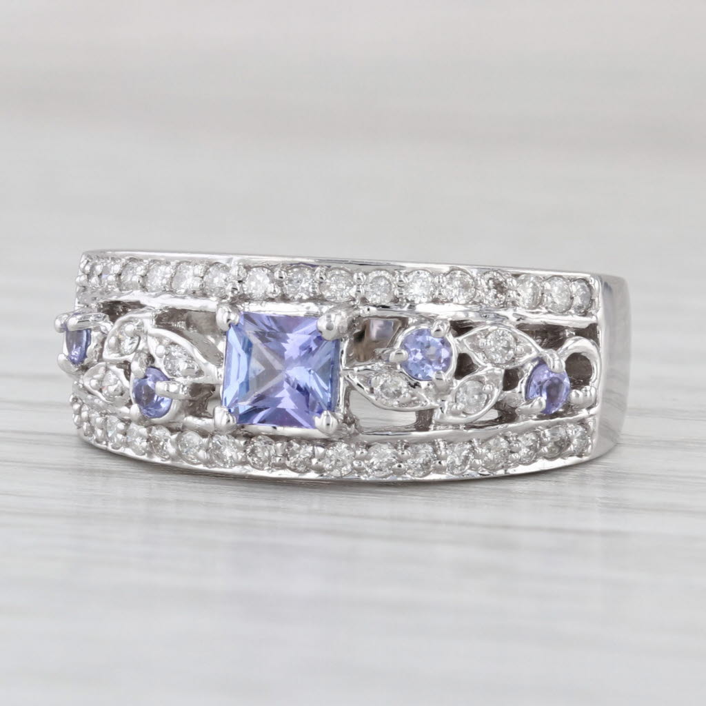 0.96ctw Tanzanite Diamond Ring 14k White Gold Size 7.5-7.75 Floral Band