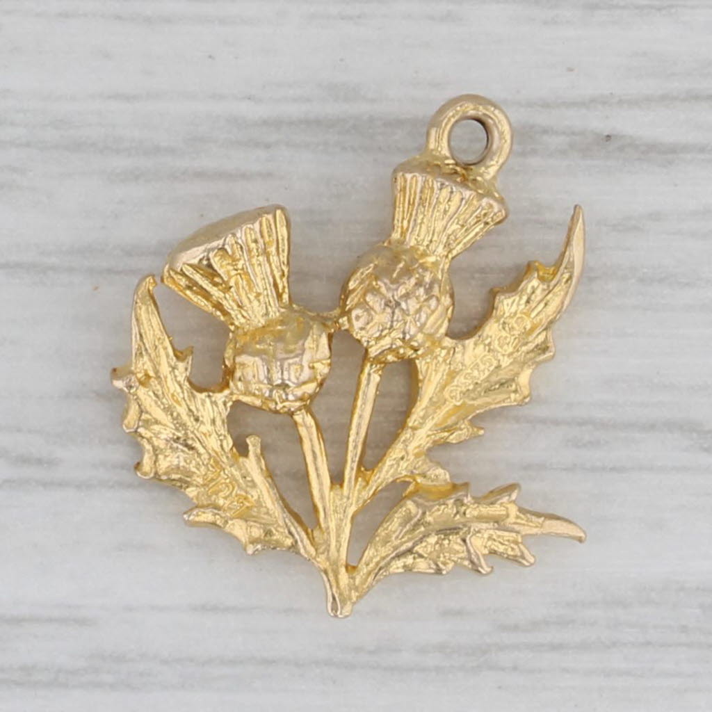 Gray Scottish Thistle Charm 9k Yellow Gold Irish Scottish Hallmarks Souvenir Pendant