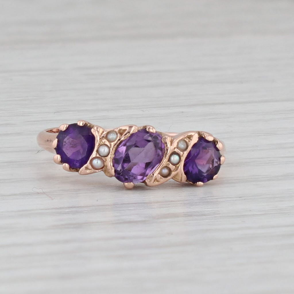 Light Gray Victorian 3-Stone Amethyst Seed Pearl Ring 14k Rose Gold Size 6.5