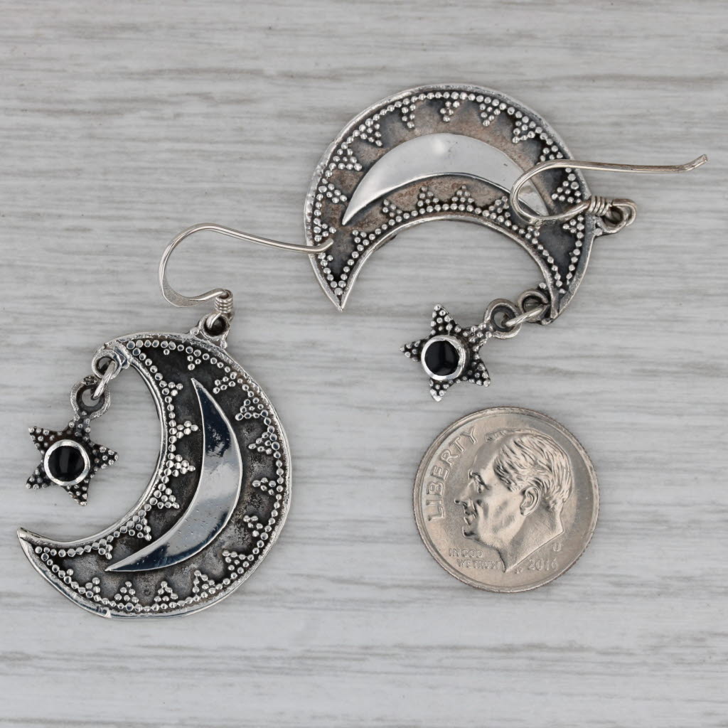 Dark Gray Onyx Crescent Moon Stars Dangle Earrings Sterling Silver Hook Posts Statement