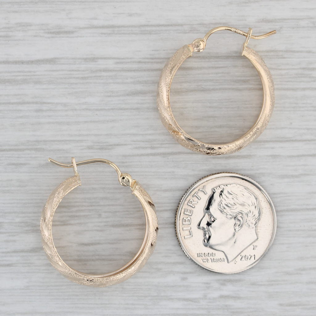 Gray Brushed Pattern Hoop Earrings 10k Yellow Gold Snap Top Round Hoops