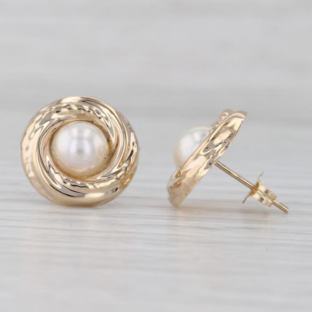 Gray 6.4mm Cultured Pearl Solitaire Knot Stud Earrings 14k Yellow Gold
