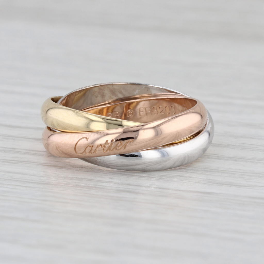 Cartier 3-Band Tri-Toned Puzzle Ring 18k Yellow White Rose Gold Size 8.5 / 58