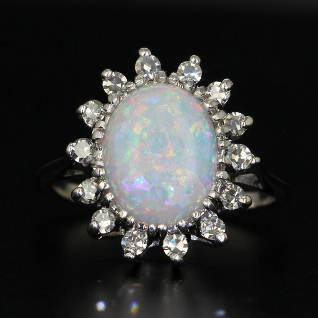 Gray Vintage Opal Diamond Halo Ring 14k White Gold Size 4.75