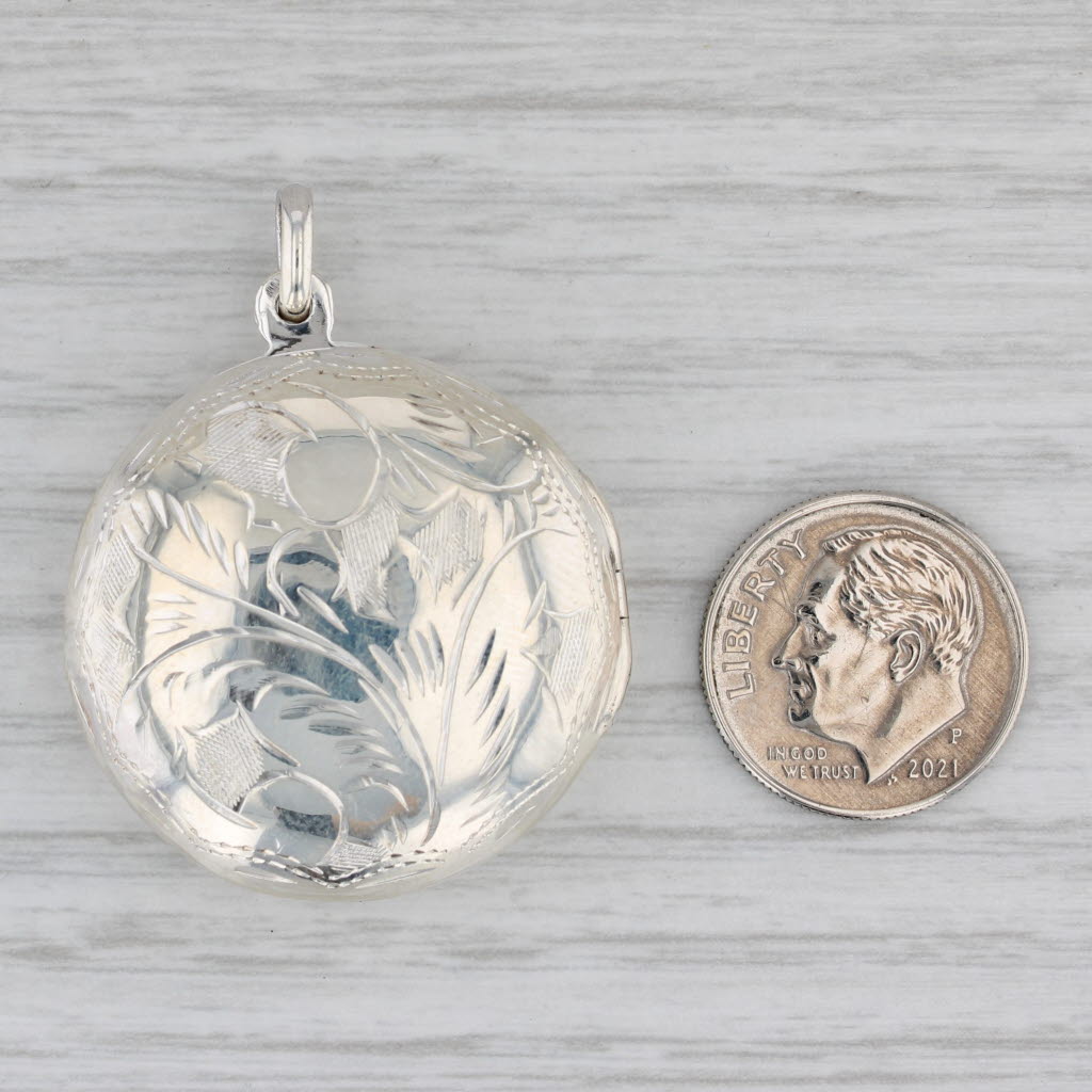 Gray Vintage Floral Engraved Picture Locket Pendant Sterling Silver Charm