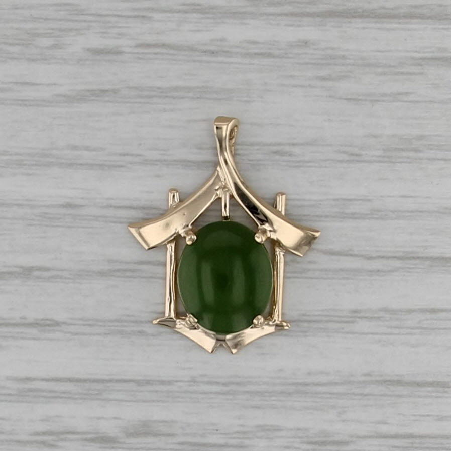 Green Nephrite Jade Pendant 14k Yellow Gold Oval Cabochon Solitaire