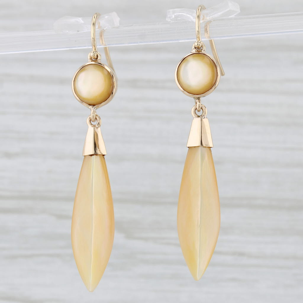 Light Gray Vintage Mother of Pearl Shell Dangle Earrings 14k Yellow Gold Hook Posts