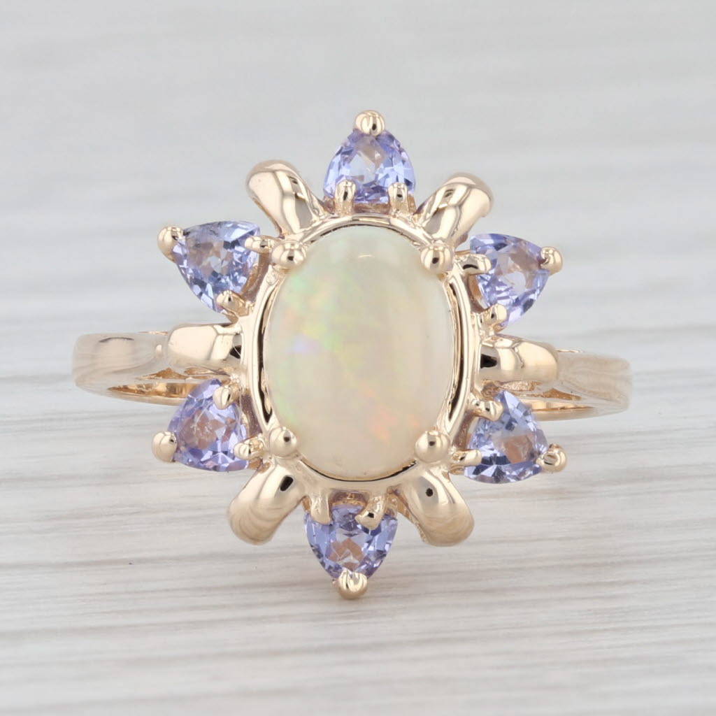 Light Gray Oval Opal Tanzanite Halo Ring 14k Yellow Gold Size 6