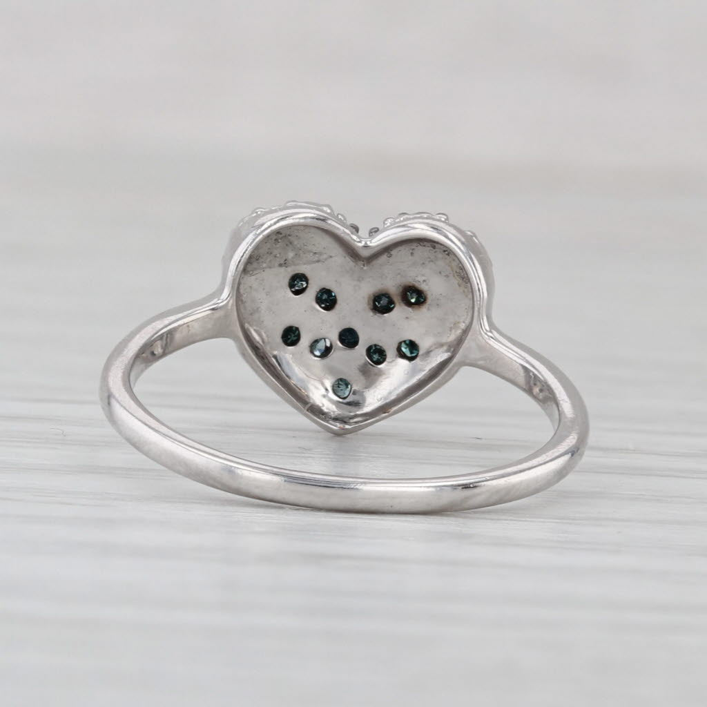 Pave Blue Diamond Cluster Heart Ring Sterling Silver Size 7