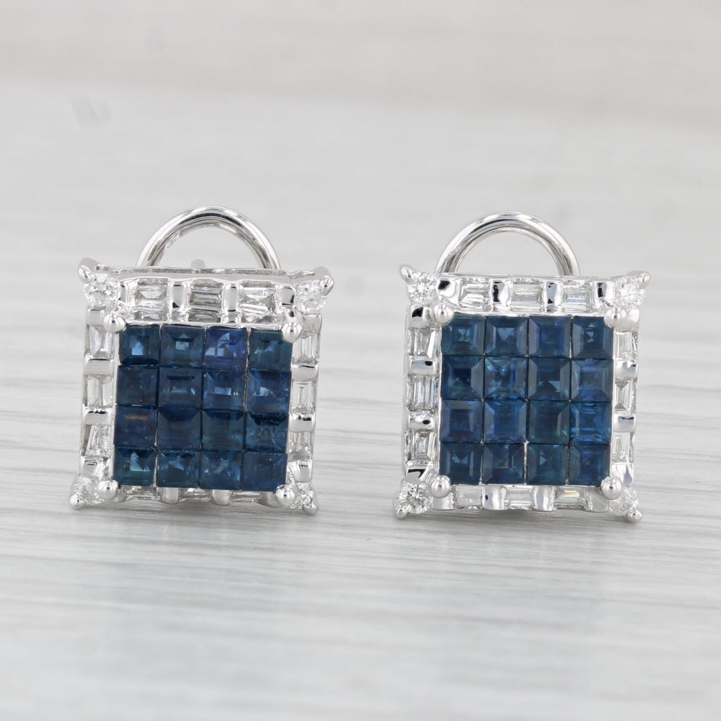 Light Gray 1.62ctw Blue Sapphire Diamond Halo Earrings 18k White Gold Omega Backs