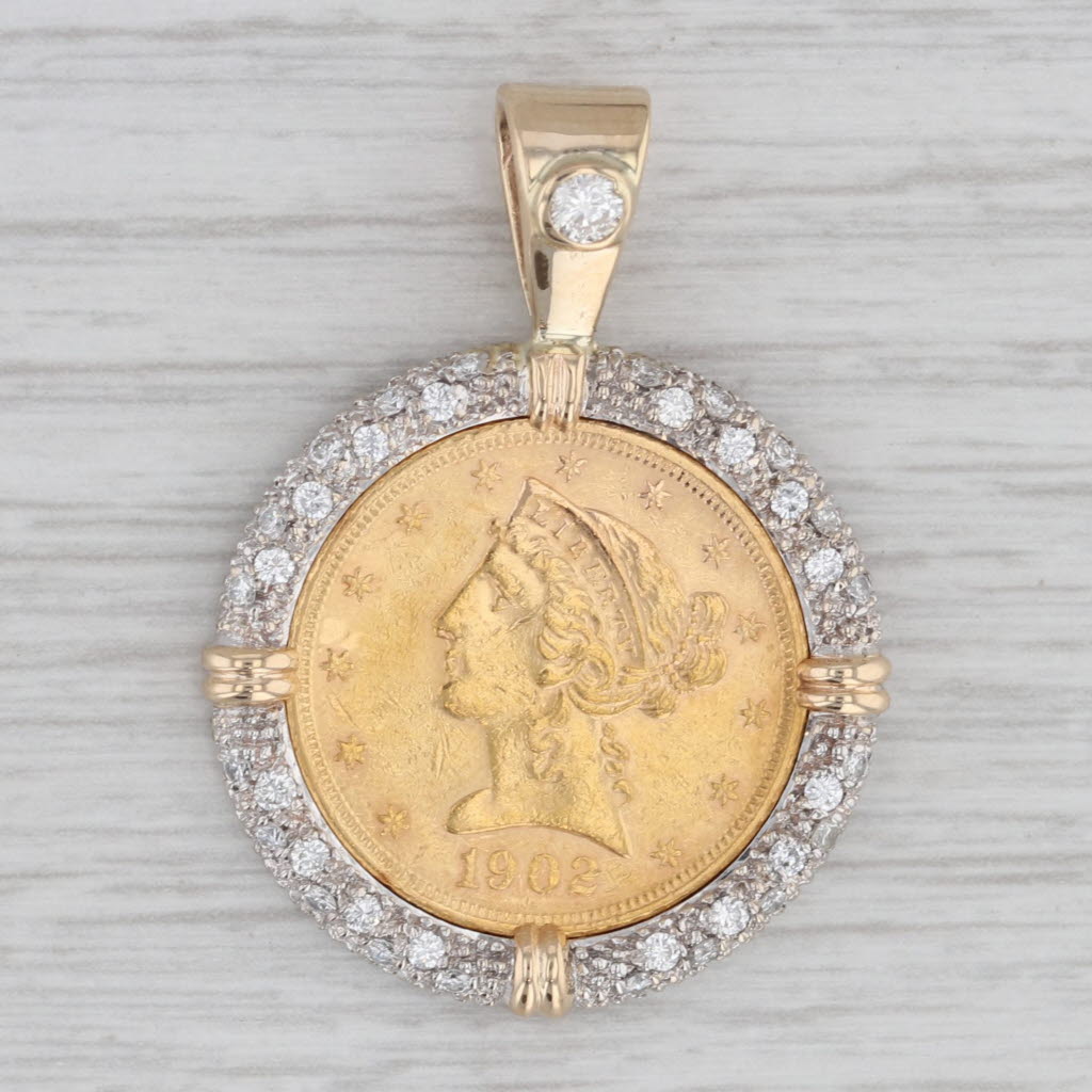 Gray 0.66ctw Diamond Bezel 5 Dollar 1902 Liberty Coin Pendant 14k Yellow White Gold