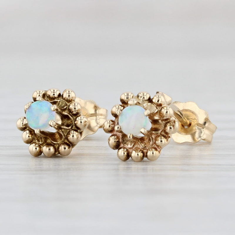Light Gray Opal Solitaire Stud Earrings 14k Yellow Gold Round Cabochon