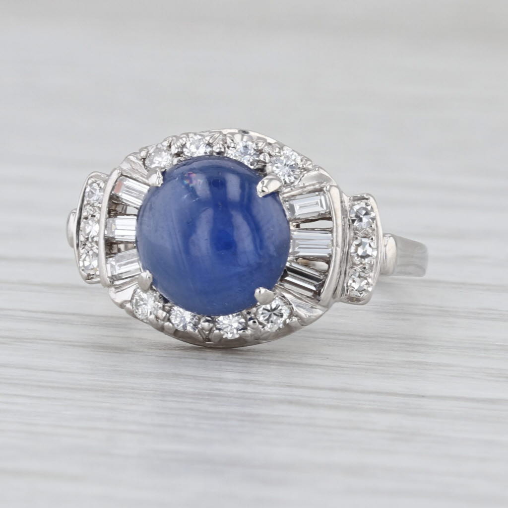 Blue Star Sapphire Cabochon Diamond Halo Ring 14k White Gold Size 5.75