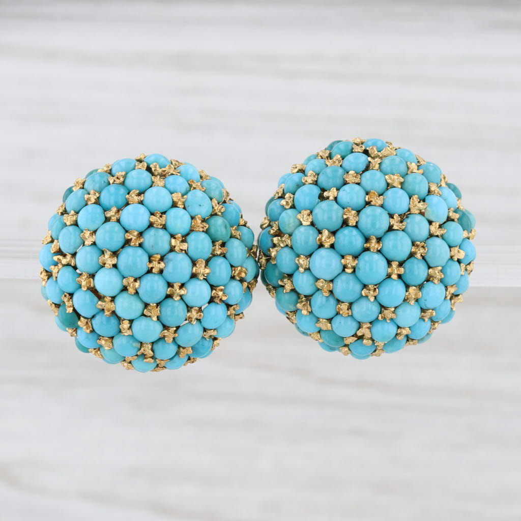 Vintage Turquoise Bead Cluster Button Stud Earrings 18k Yellow Gold Clip On