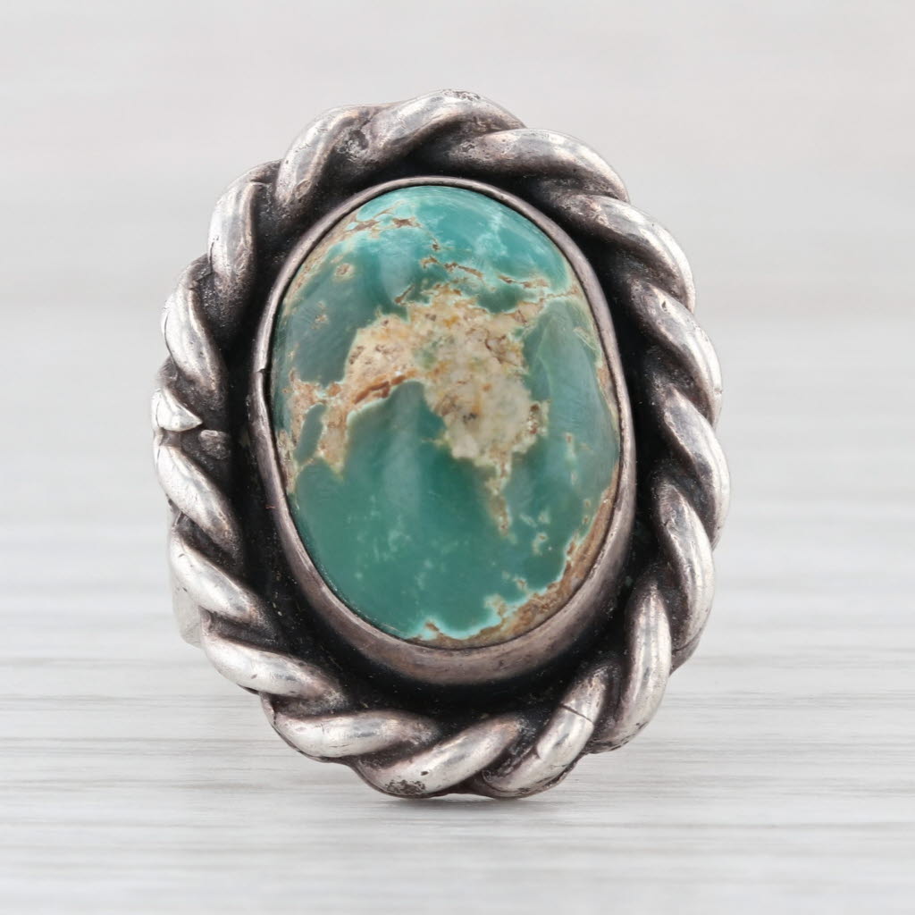 Vintage Native American Green Turquoise Ring Sterling Silver Artisan HMS Size 7