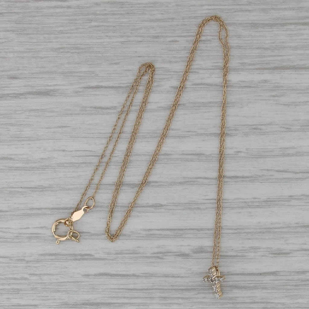 Small Diamond Cross Pendant Necklace 14k Yellow Gold 18" Rope Chain