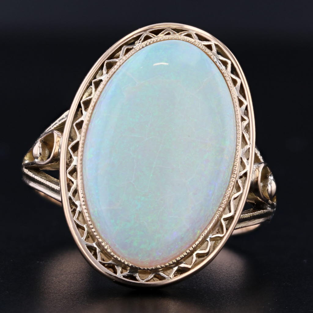 Vintage Oval Opal Cabochon Filigree Ring 18k Yellow Gold Size 8 AS IS