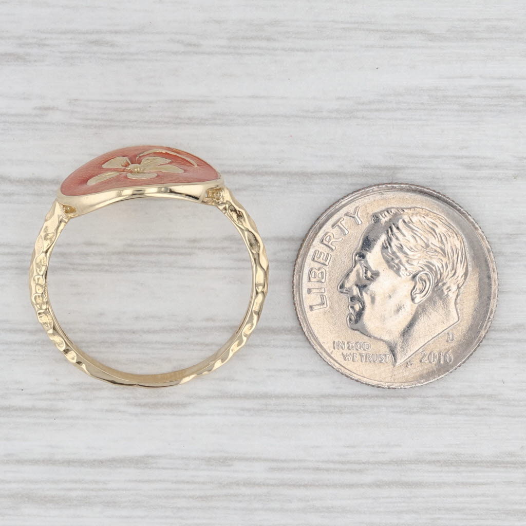 Orange Enamel Flower Signet Ring 14k Yellow Gold Size 7.5