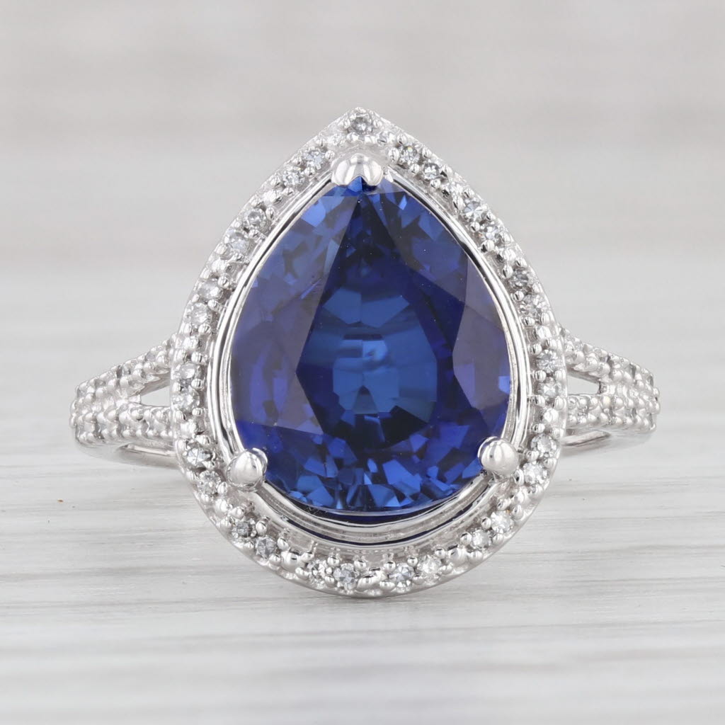 Light Gray Lab Created Blue Sapphire Diamond Halo Ring 14k White Gold Size 6 Engagement