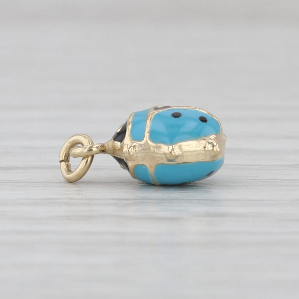 Blue Ladybug Charm 14k Yellow Gold Resin Small Drop Pendant Good Luck