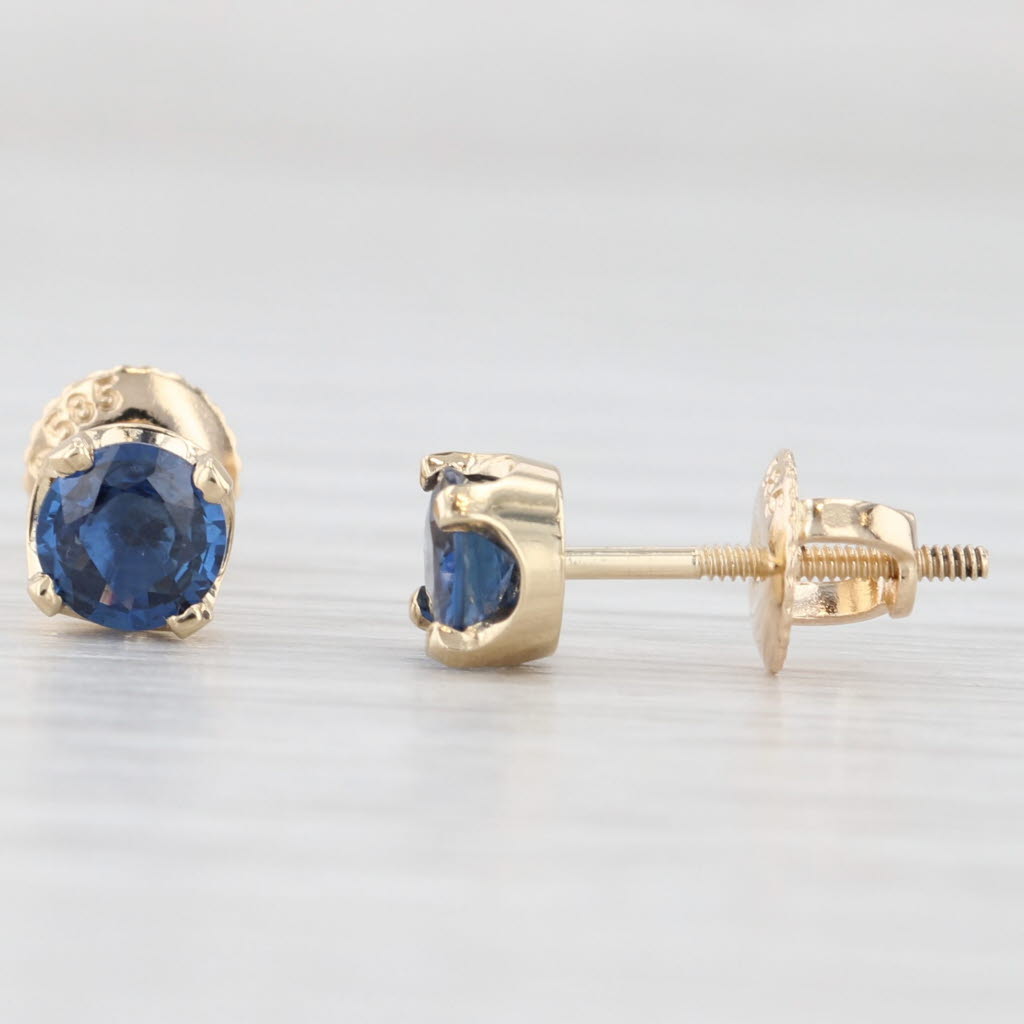 0.79ctw Round Blue Sapphire Solitaire Stud Earrings 14k Gold Pierced Screw Backs