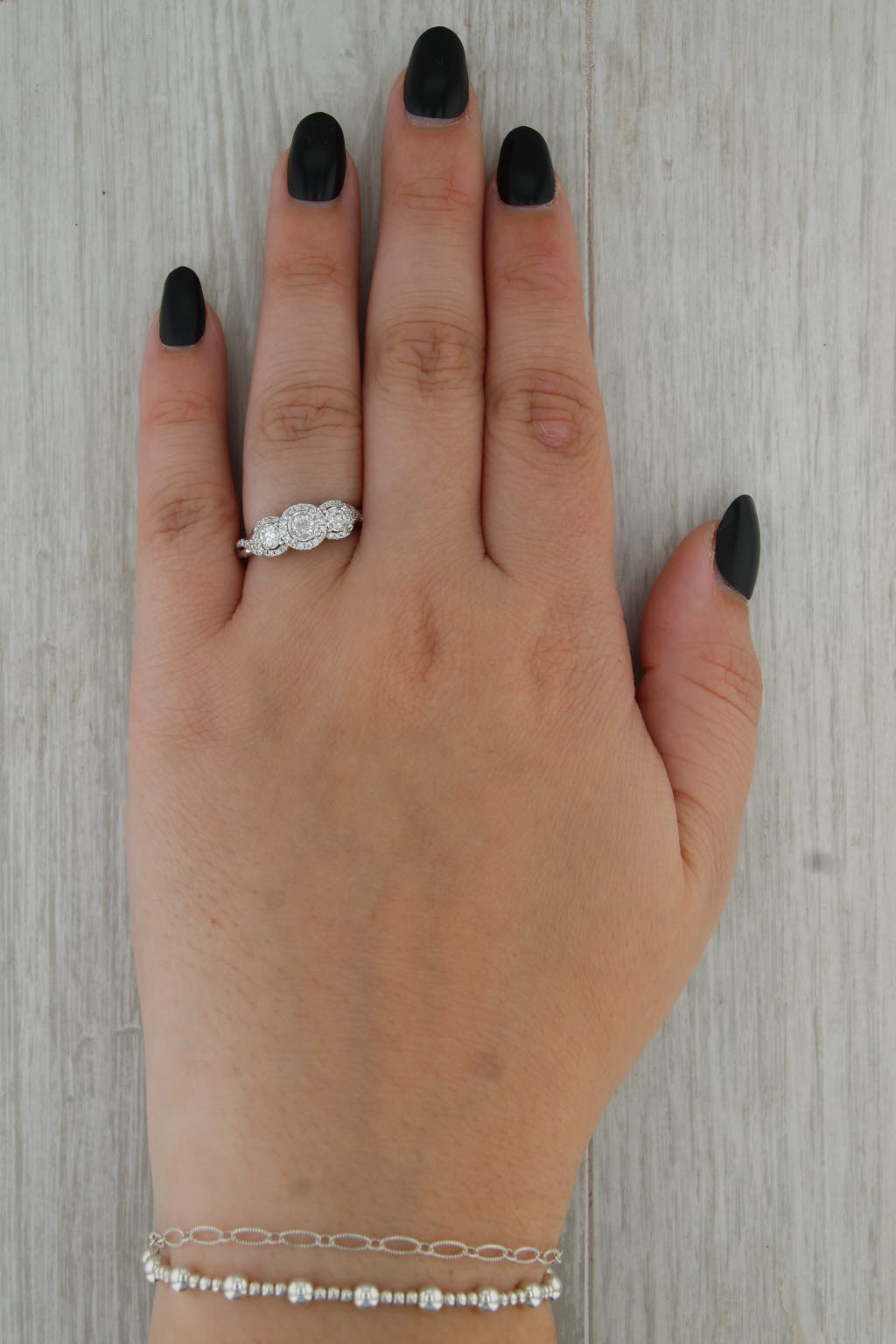 0.47ctw Diamond 3-Stone Halo Engagement Ring 10k White Gold Size 6.75