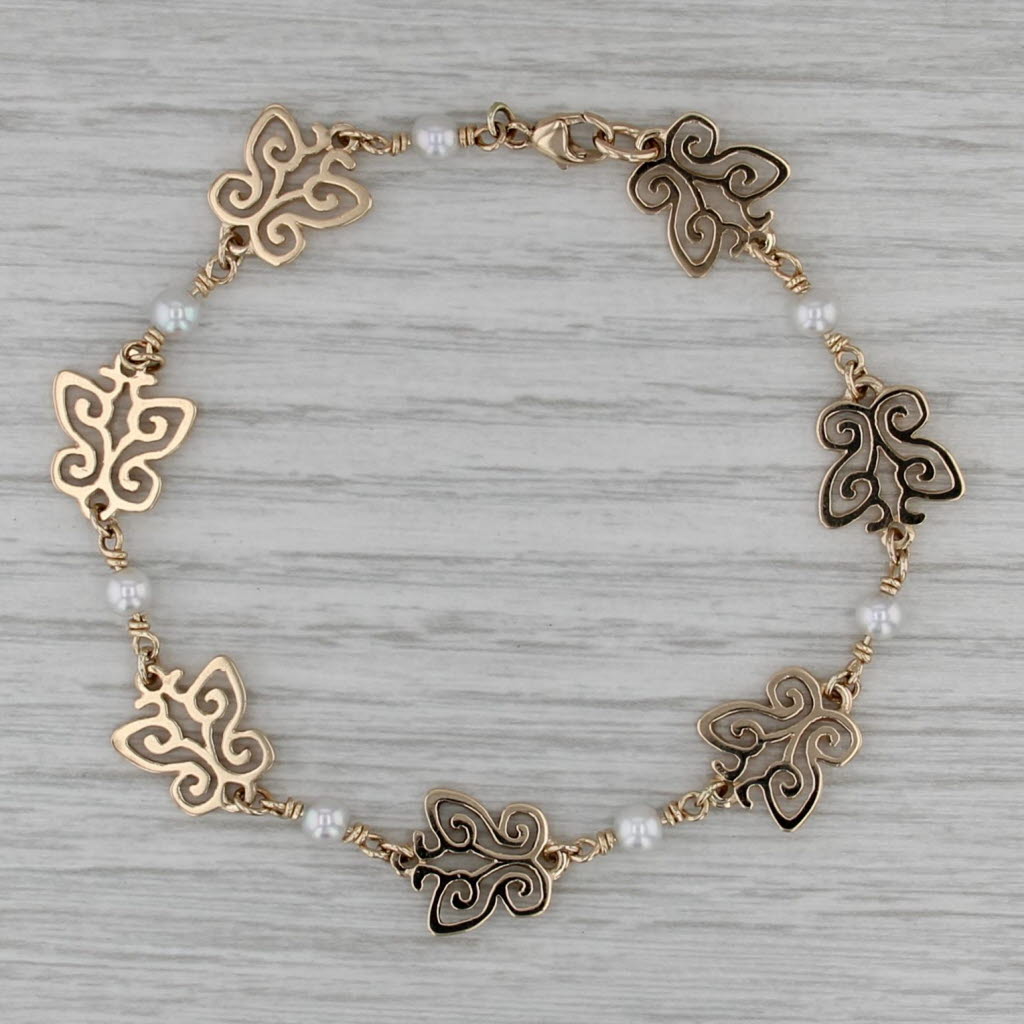 James Avery Cultured Pearl Butterfly Chain Bracelet 14k Yellow Gold 7.75"