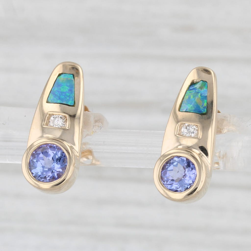 Light Gray 0.54ctw Tanzanite Diamond Blue Opal Earrings 14k Yellow Gold Stud Drops