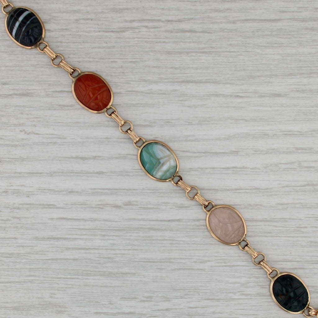 Vintage Carved Scarab Stone Bracelet 14k Gold Filled 6.75" Bloodstone Agate
