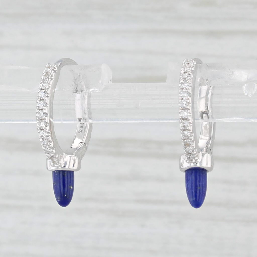 Light Gray New Lapis Lazuli Diamond Hoop Earrings 14k White Gold Huggie Hoops