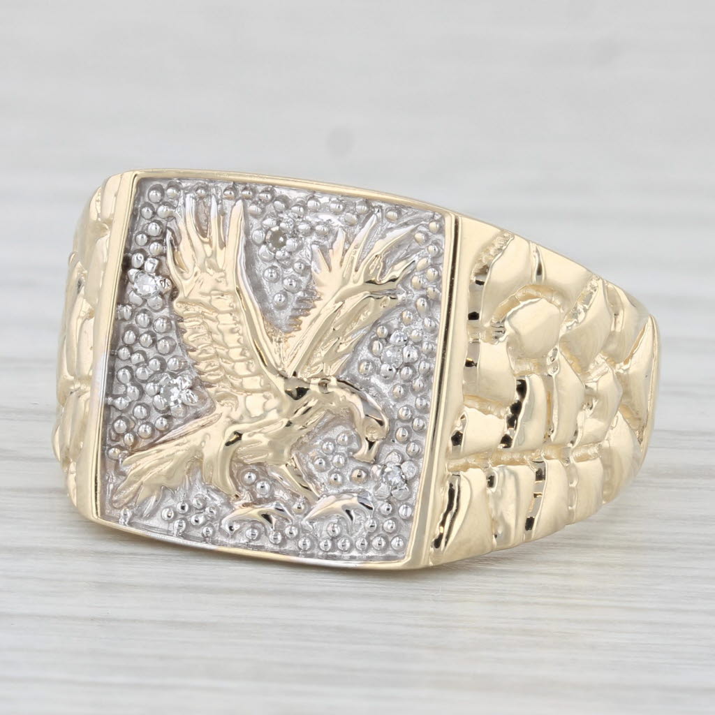 Light Gray Diamond Accented Soaring Eagle Signet Ring 10k Gold Size 11 Men's