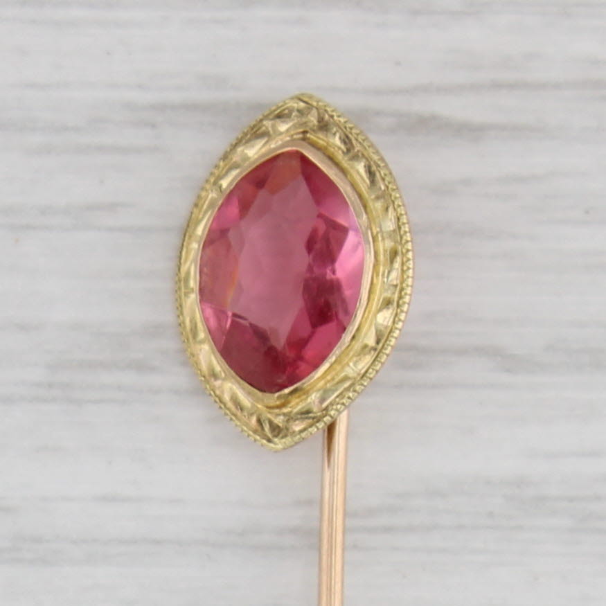 Gray Vintage Pink Glass Stickpin 10k Yellow Gold Pin Marquise Solitaire