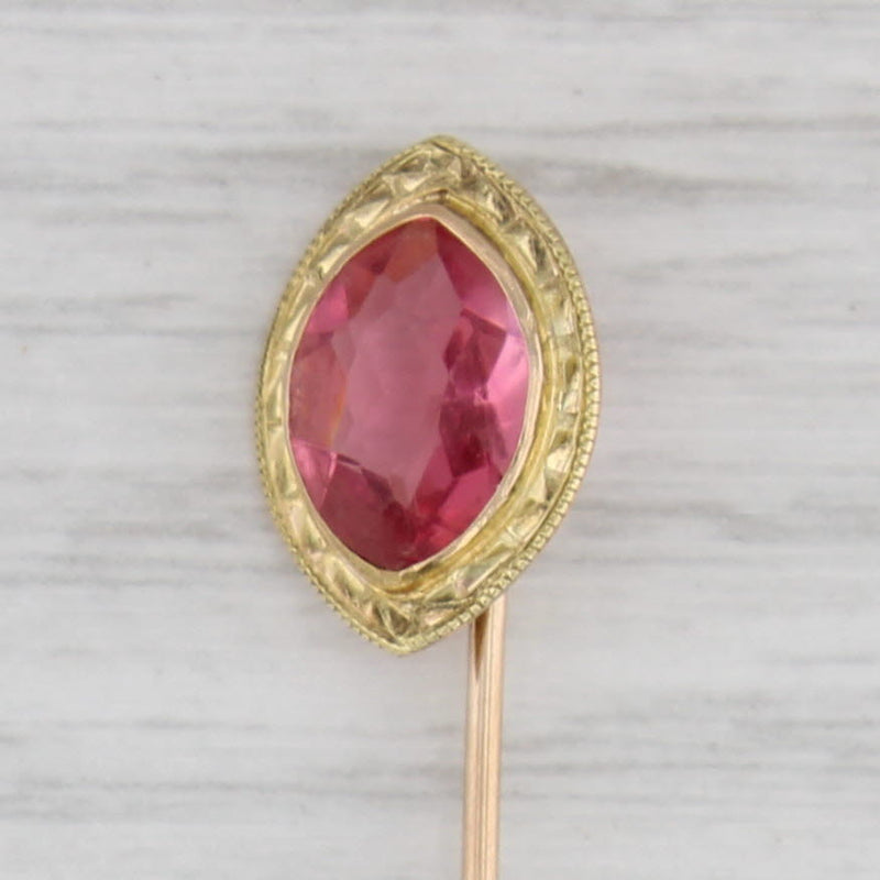 Gray Vintage Pink Glass Stickpin 10k Yellow Gold Pin Marquise Solitaire