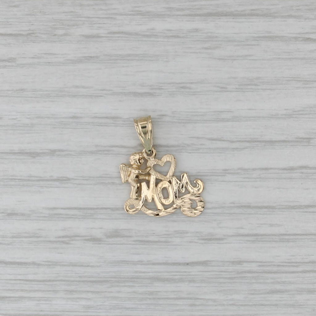 "Mom" Cherub Angel Heart Pendant 14k Yellow Gold Gift for Mom