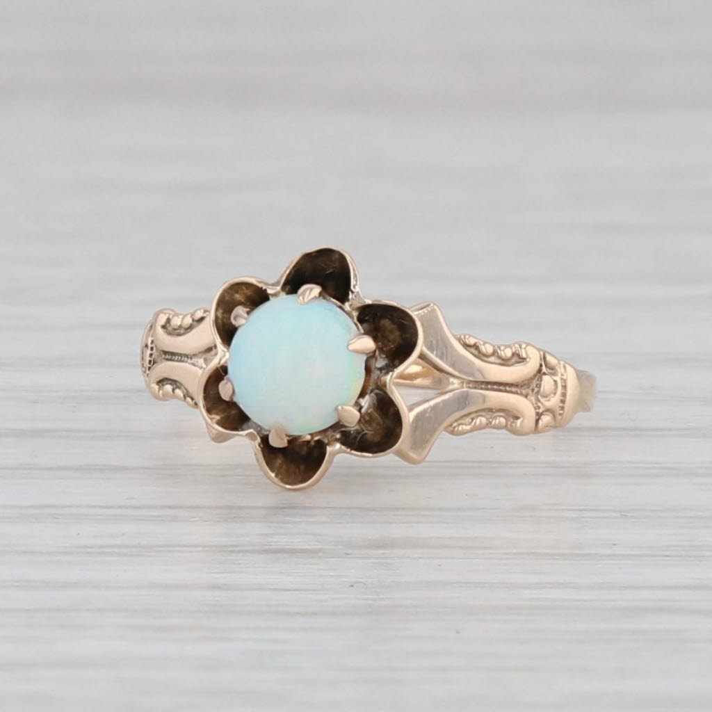 Light Gray Victorian Opal Flower Ring 10k Gold Size 5.5 Antique Round Cabochon Solitaire