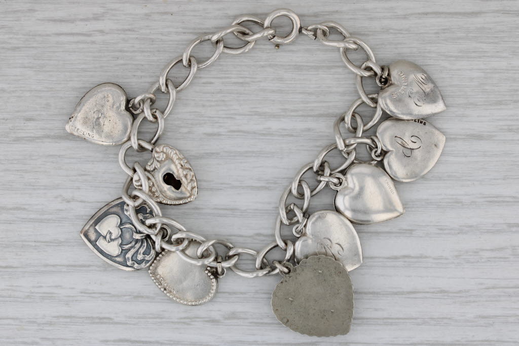 Gray Vintage Puffy Heart Charm Bracelet Sterling Silver Resin Glass Engraved 7"