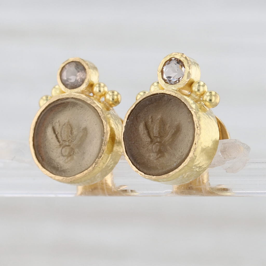 Elizabeth Locke Carved Tiny Bee Smoky Quartz Glass Stud Earrings 18k Gold