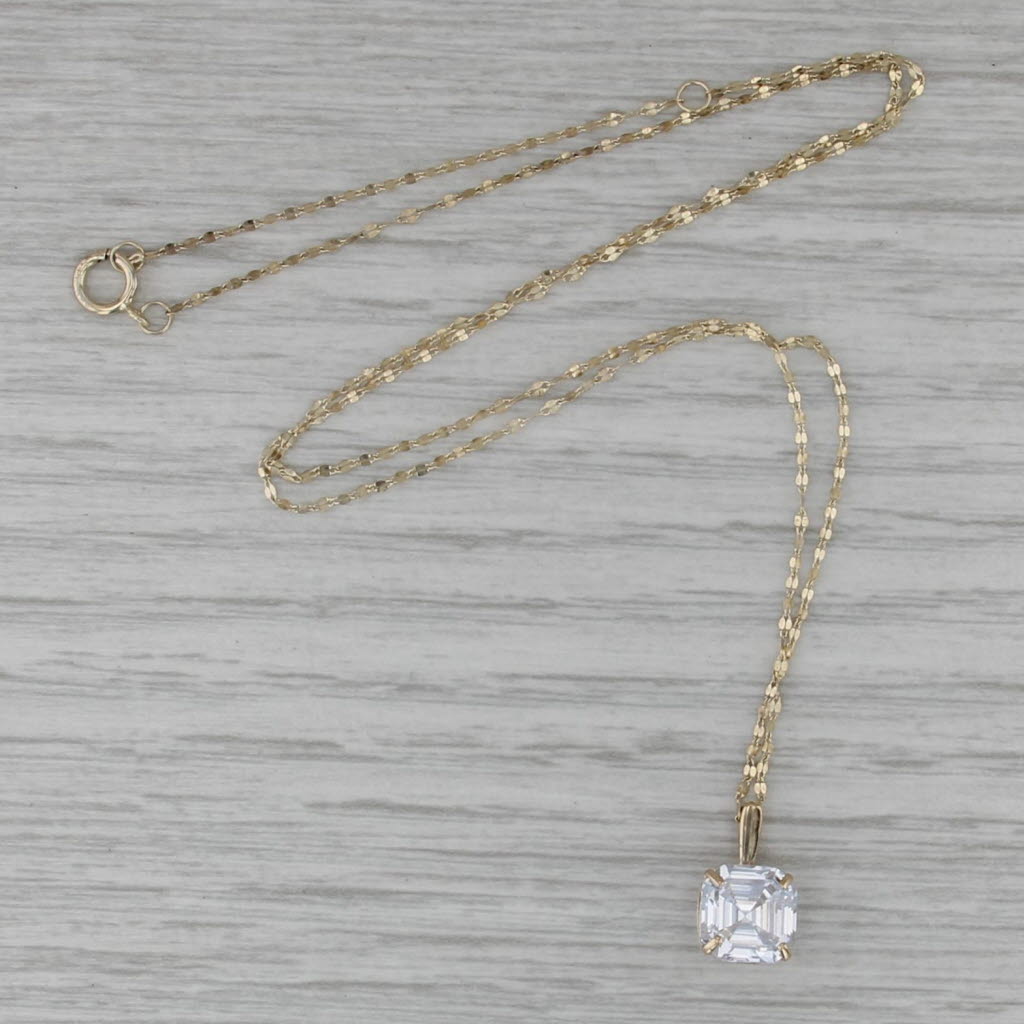 Asscher Cubic Zirconia Solitaire Pendant Necklace 14k Yellow Gold 16"-18"