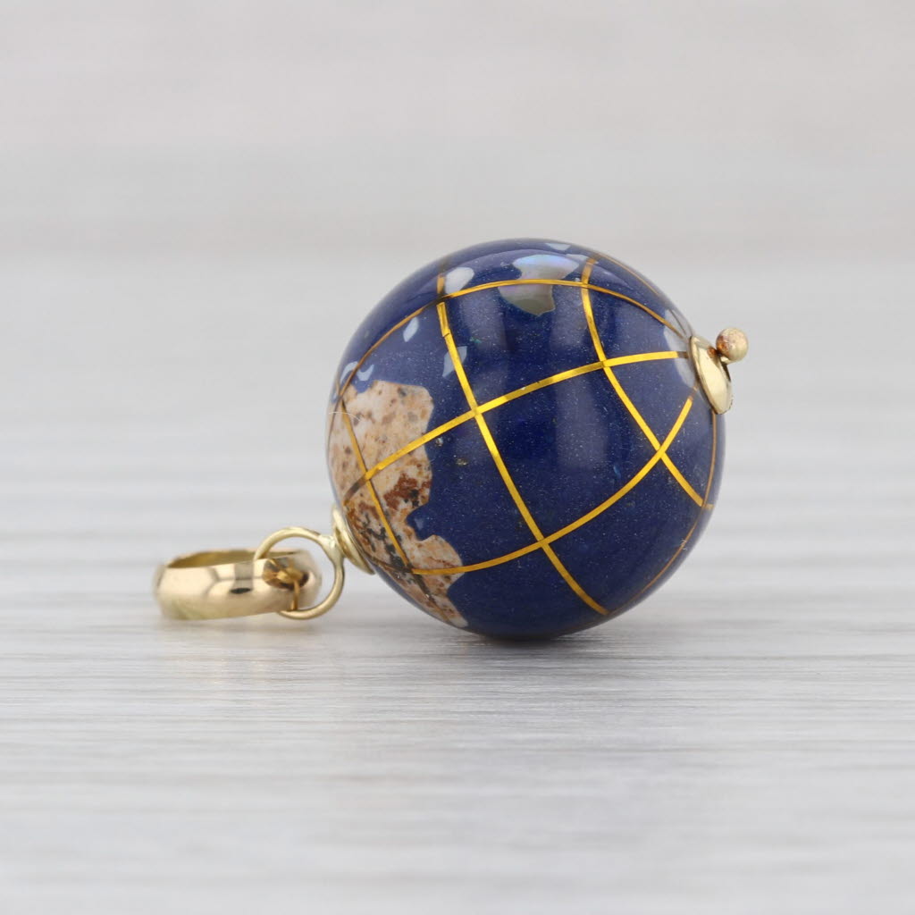 Stone Mosaic Bead Globe Pendant 14k Gold Shell Mother of Pearl Quartzite Pyrite