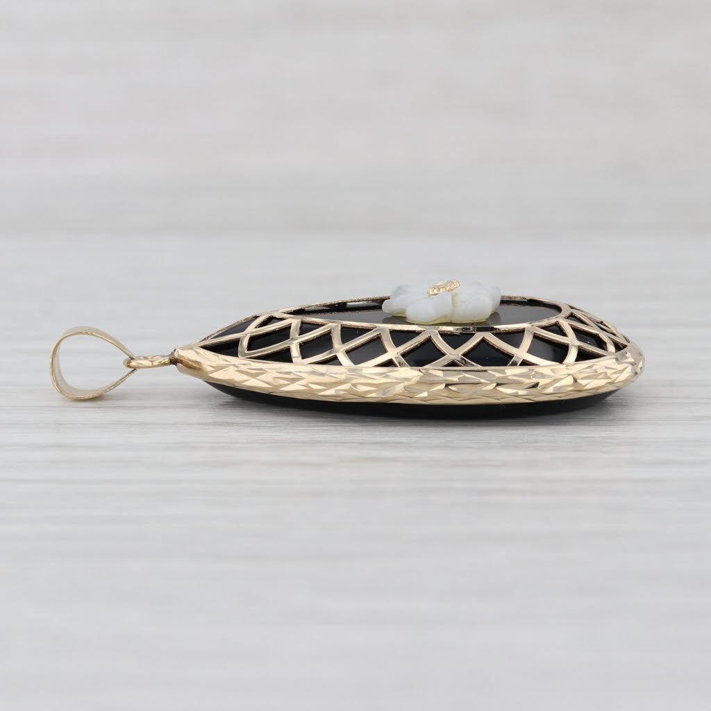 Teardrop Onyx Mother of Pearl Flower Pendant 14k Yellow Gold Statement